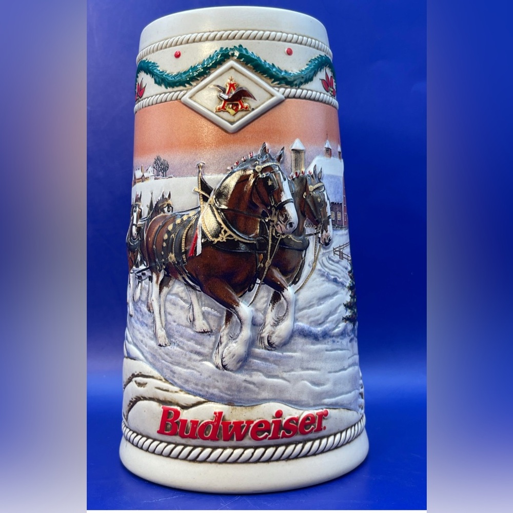 Vintage Budweiser “American Homestead” Holiday Stein – 1996 Christmas Beer Mug